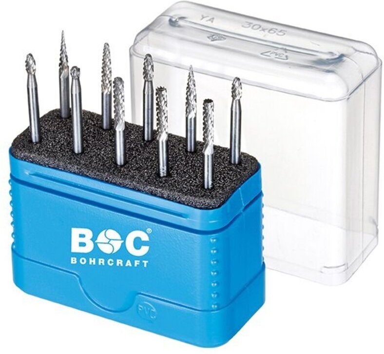 Alu HM-Kleinfrässtifte in Kunststoffkassette 10-tlg. 1x3,0+6,0 mm b/c/d/f/g