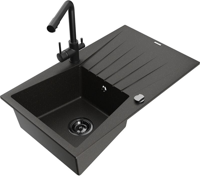 Cesar 1 Becken-Granitspüle mit Abtropffl√§che und Mischbatterie Duero, Schwarz/Gold metallisch - 6514-75-671600-70-B - M...