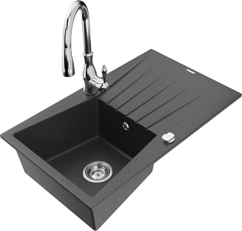 Cesar 1 Becken-Granitspüle mit Abtropffläche und Mischbatterie Savita, Schwarz gesprenkelt - 6 - Mexen
