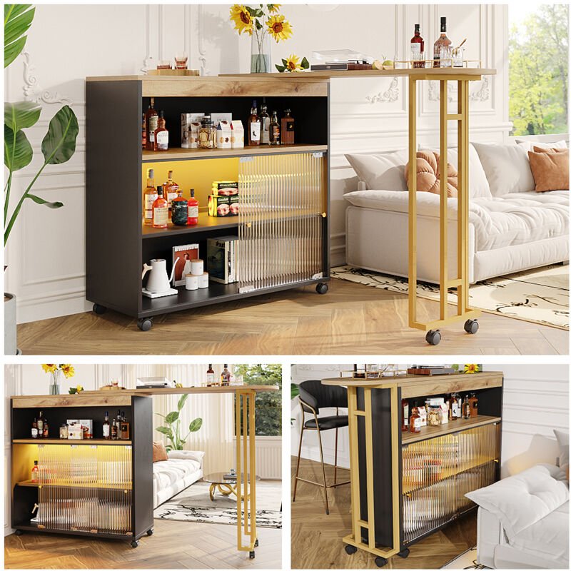 Ausziehbarer Stehtisch mit Stauraum, moderner mobiler Stehtisch, Teleskop-Stehtisch mit led, Bartisch, Bistrotisch, Hoch...