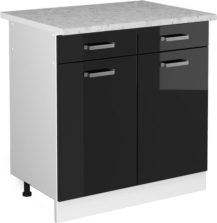 Thumbnail - Unterschrank R-Line, Schwarz Hochglanz, 80 cm mit Schubladen und Türen, mit Arbeitsplatte, Vicco