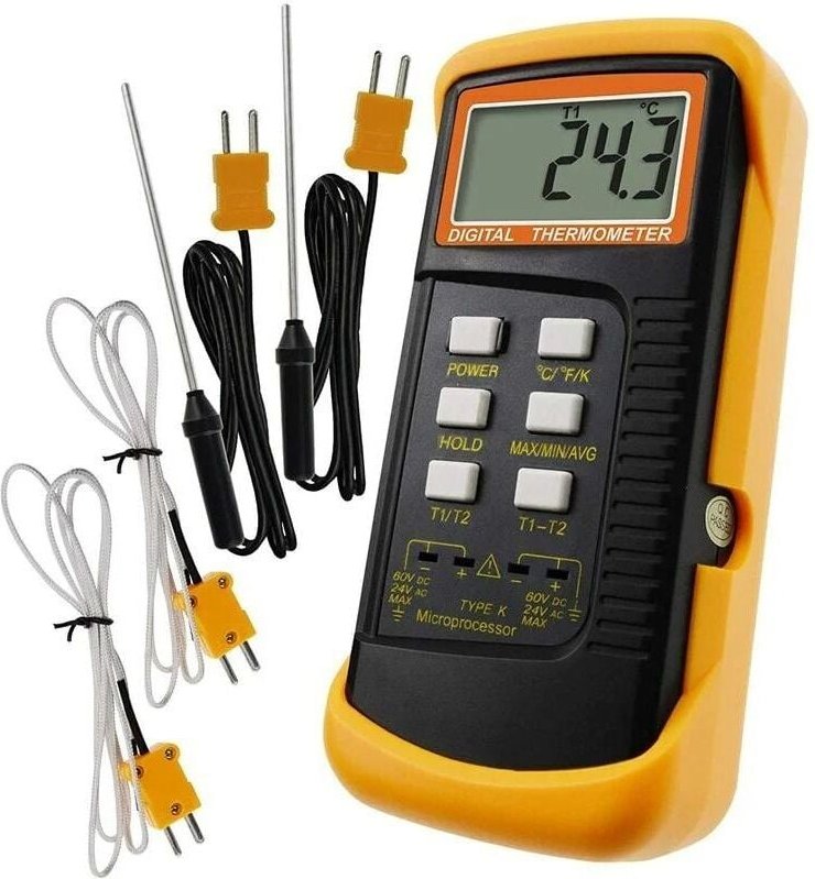 Thumbnail - Typ-K-Thermometer mit 1300 °C-Thermoelementsensor (°c, °f und k mit 4 Thermoelementen (festverdrahtet und Edelstahl)