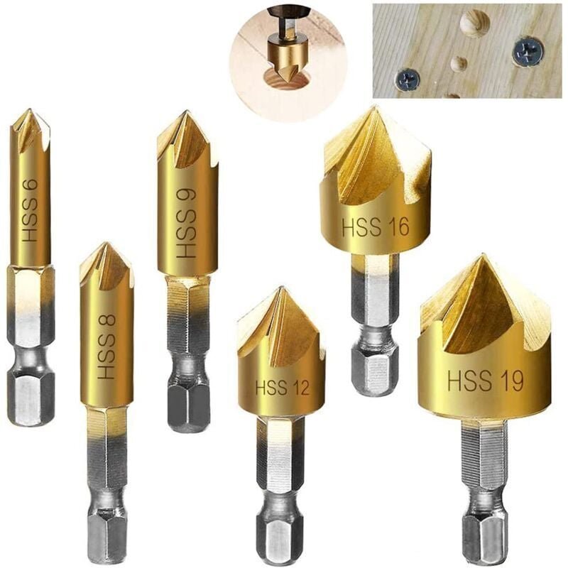 6 Stück 1/4 Zoll Sechskant-HCS-Senker-Bohrer mit 5 Nuten für Senker, Senker, Senker, 6 mm/8 mm/9 mm/12 mm/16 mm/19 mm fü...