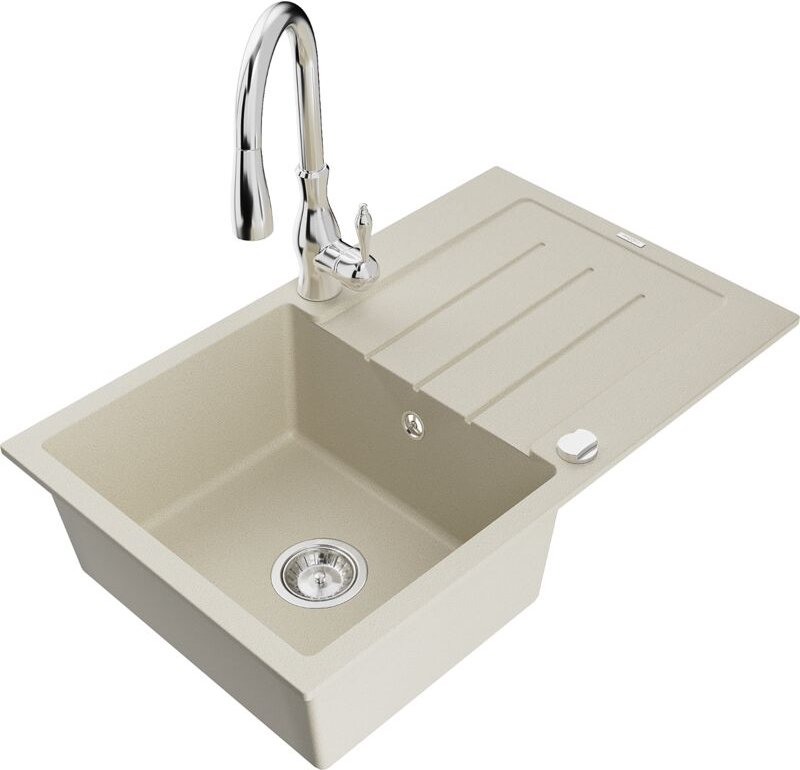 Bruno 1 Becken-Granitspüle mit Abtropffläche und Mischbatterie Savita, Beige - 6513-69-672601- - Mexen