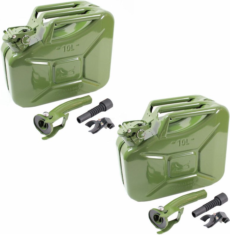 2x Benzinkanister Kraftstoffkanister Metall 10 Liter Oliv inkl. Ausgießer + Halter