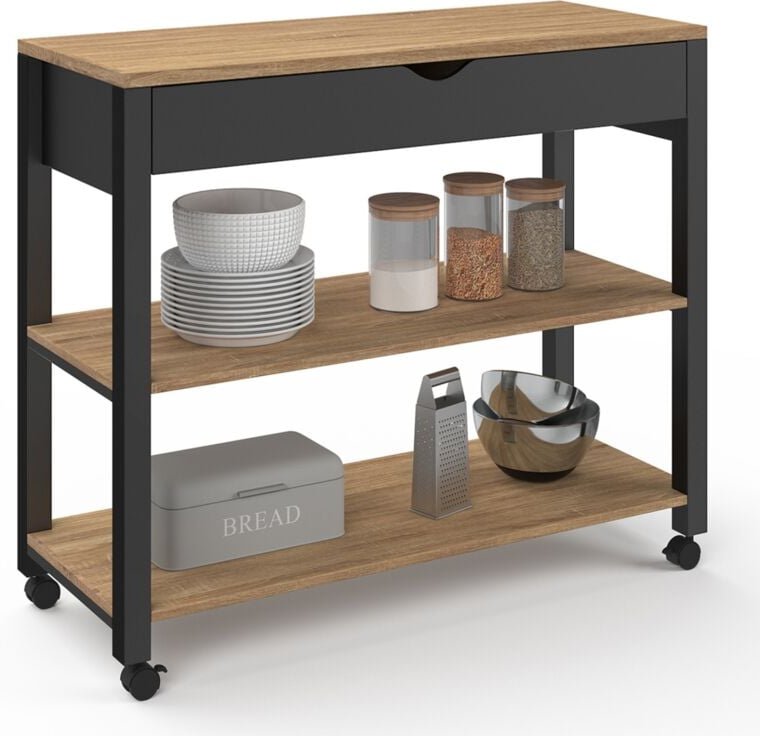 Küchenwagen PENH XXL mit Schublade und schwarzer Arbeitsplatte, Buchenholzplatten B.100 CM