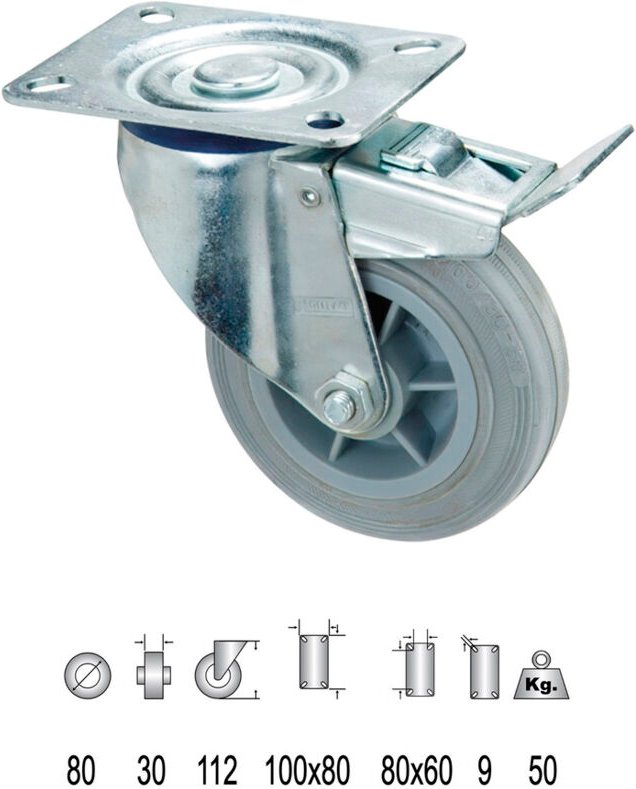 Rueda Industrial Goma Gris Placa con freno 80mm