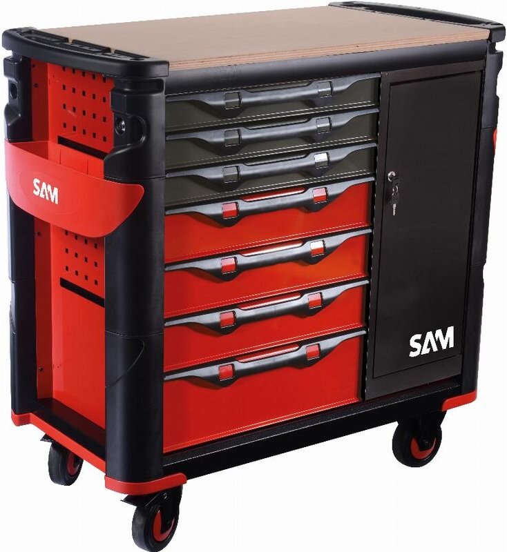 Thumbnail - Sam Outillage - xxl extra breiter Werkzeugwagen mit 7 Schubladen mit Schrank und Holzplatte - 417-BXE
