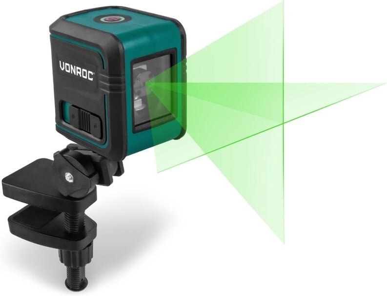 Kreuzlinienlaser - Grün - Selbstnivellierend - 18 Meter - Inkl. Montagebügel, Aufbewahrungstasche und Batterien - Vonroc