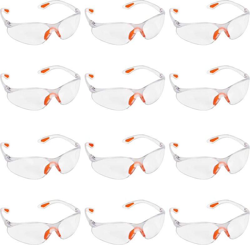 Packung mit 12 transparenten Schutzbrillen – Schutzbrille mit Kunststoffgläsern, Nasensteg und Gummibügelspitzen für Kom...