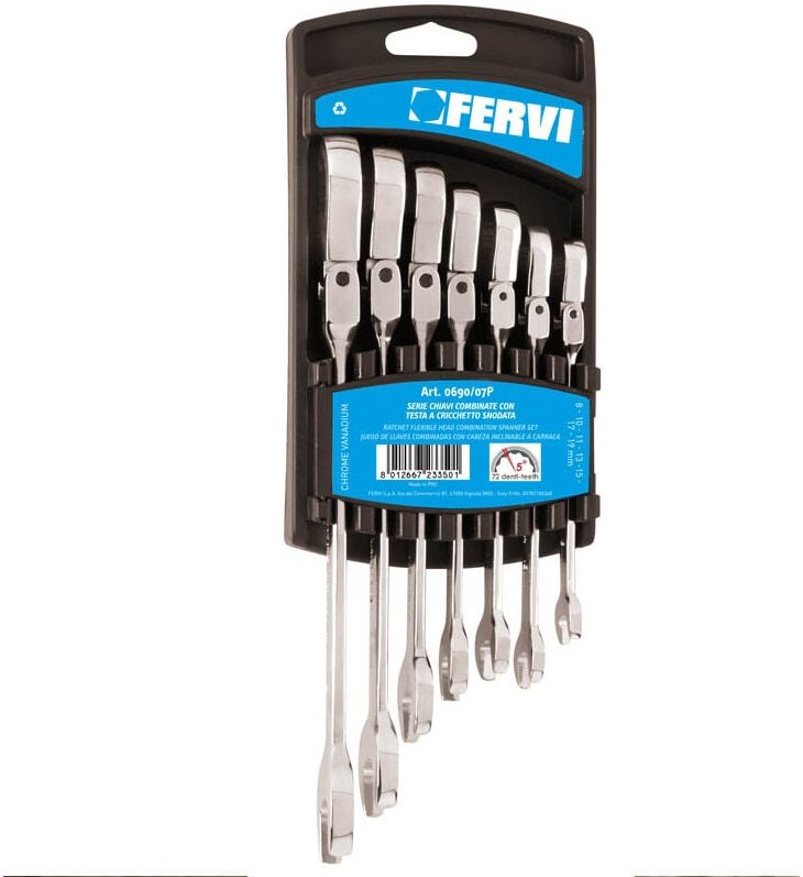 7 Tlg Gelenk Ratschenschlüssel Ring Schlüssel Satz 8-19 Mm Fervi 0690/07p