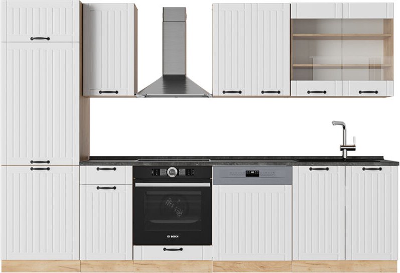 Küchenzeile Fame-Line, Weiß Landhaus, 300 cm , AP Anthrazit, Vicco