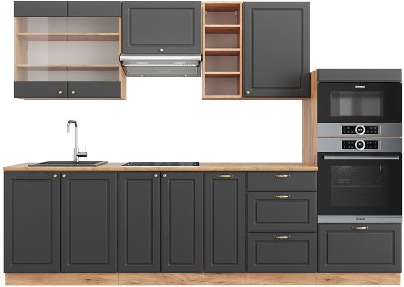 Vicco - Küchenzeile Fame-Line, Anthrazit Landhaus/Goldkraft Eiche, 280 cm ohne Arbeitsplatte