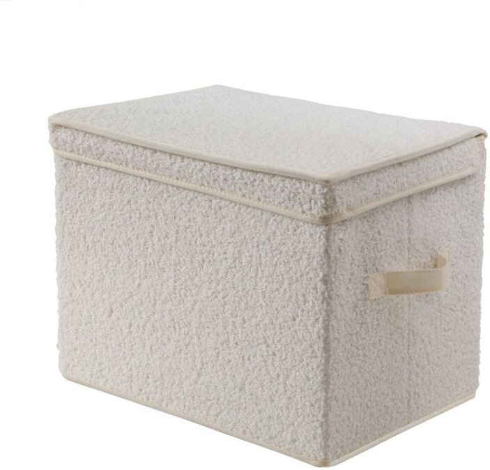 Hohe Aufbewahrungsbox mit Deckel aus Bouclé-Stoff in Ecru - H30 cm