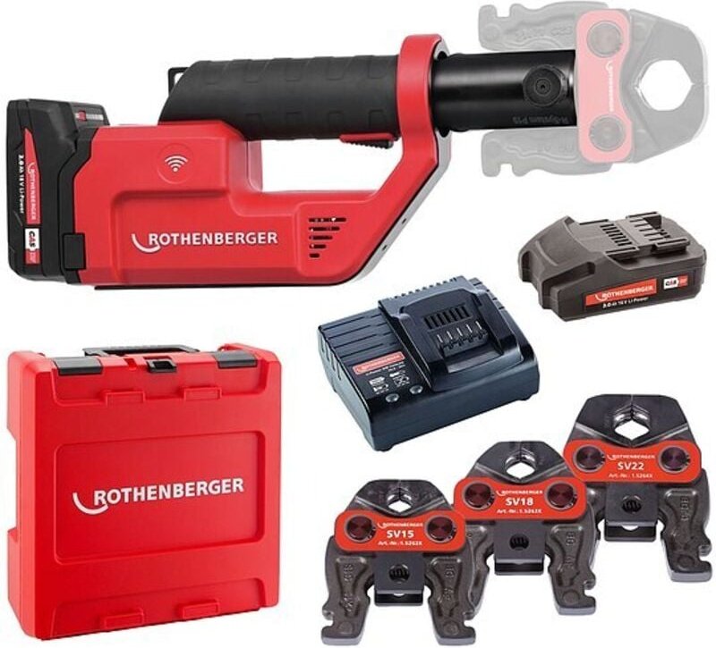 ROTHENBERGER ROMAX Compact 3 inkl. 2 Akkus 2,0 Ah, Schnellladegerät, System-Box und Pressbacken V 15, 18, 22 (SV)