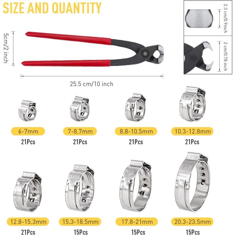 150 Stück Einzelohr-Schlauchschellen aus Edelstahl 304 mit Ohrklemmen, 6–23,5 mm Crimp-Schlauchschellen-Sortiment-Kit,