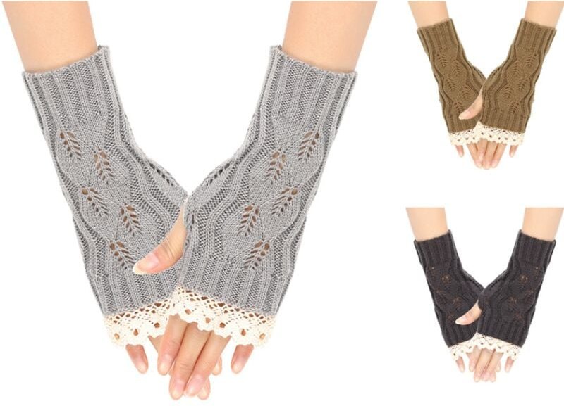 Thumbnail - Halbfinger-Handschuhe für Damen, 3 Paar Strick-Fäustlinge für Damen, fingerlose Handschuhe, warme Winter-Strickhandschuh...