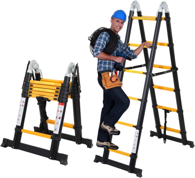 Swanew Teleskopleiter schwarz Aluminium Klappbar Multifunktionsleiter Anlegeleiter 1.9M+1.9M Mehrzweckleiter Fingerklemm...