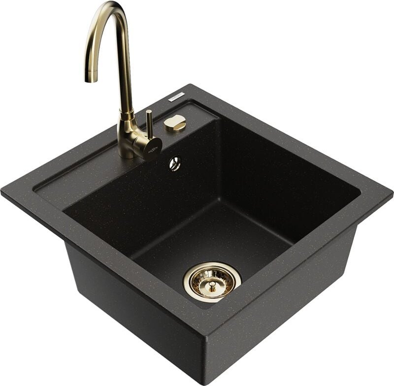Vito 1-Becken-Granit-Spüle mit Mischbatterie Telma, Schwarz/Gold Metallisch - 6503-75-670200-5 - Mexen