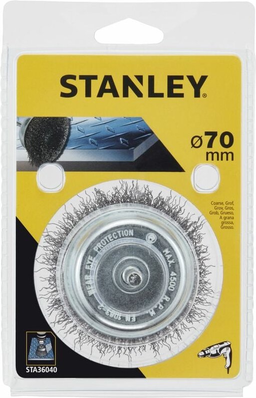 Topfbürste ø 75 mm. 6mm Schaft. Dicker Faden. Zur Verwendung auf Metall. STANLEY STA36040-XJ