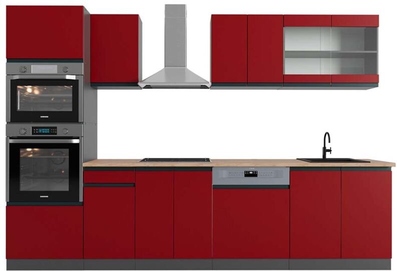 Vicco - Küchenzeile R-Line, Rot/Anthrazit, 300 cm mit Hochschrank, ap Eiche