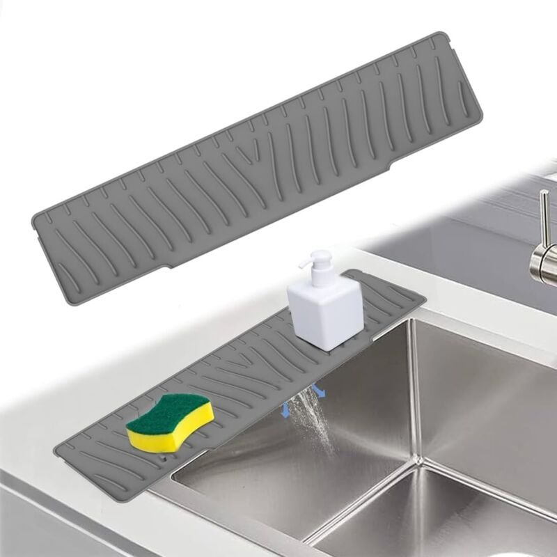 Schmale Abtropfmatte aus Silikon, Spülbeckenmatte mit Ablauf, Silikon Küchenmatte (45 x 10 cm) (Grau)