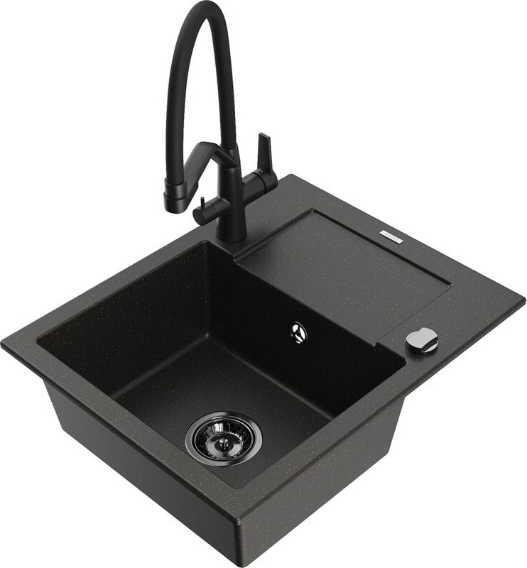 Enzo 1 Becken-Granitspüle mit Abtropffläche und Mischbatterie Duo, Schwarz/Gold metallisch - 6 - Mexen