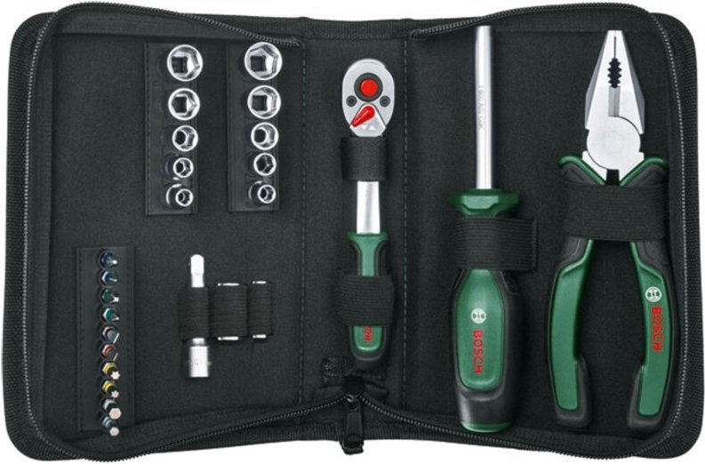Mobility-Handwerkzeug (1/4'-Ratsche, Kombizange, Universalschraubendreher, Stofftasche, 26-teilig, Set) - Bosch