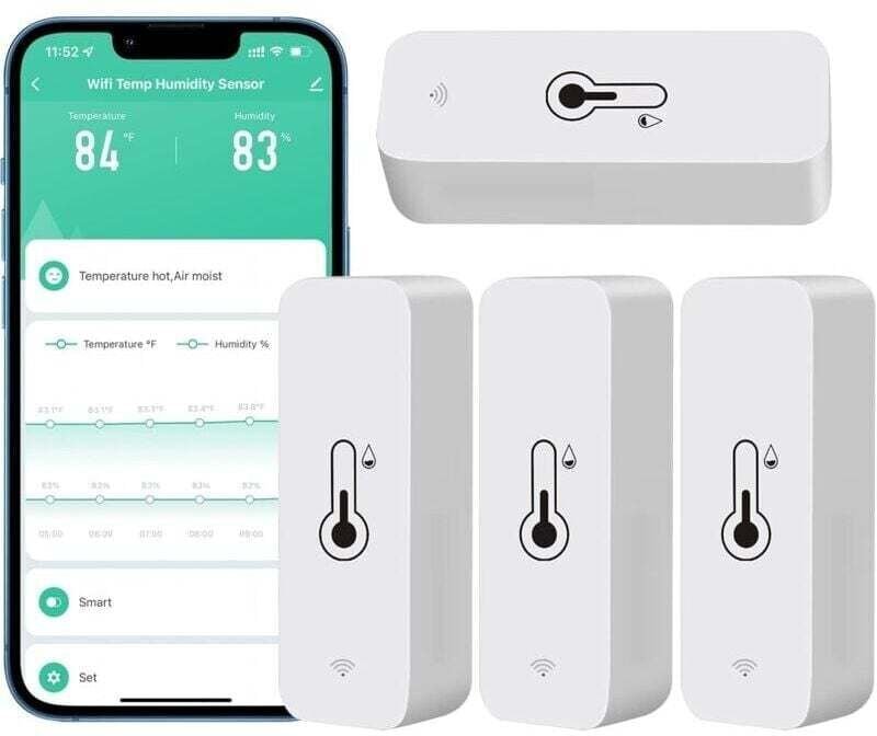 4er-Pack WLAN-Hygrometer für Zuhause, drinnen und draußen – Kabelloser Temperatur- und Feuchtigkeitssensor mit Remote-Ap...
