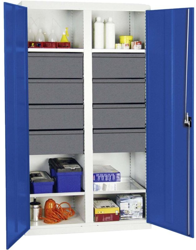 Werkzeug- und Materialschrank Serie 3000 lichtgrau / enzianblau + 8 Schublade 200 mm + Mitteltrennwand + 4 Auszugsböden ...
