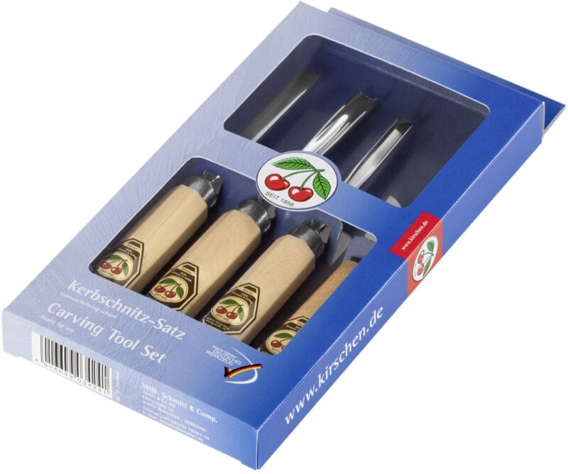Kirschen - Kerbschnitzsatz, 4-teilig Kerbschnitzbeitel + Schnitzmesser, Beitel