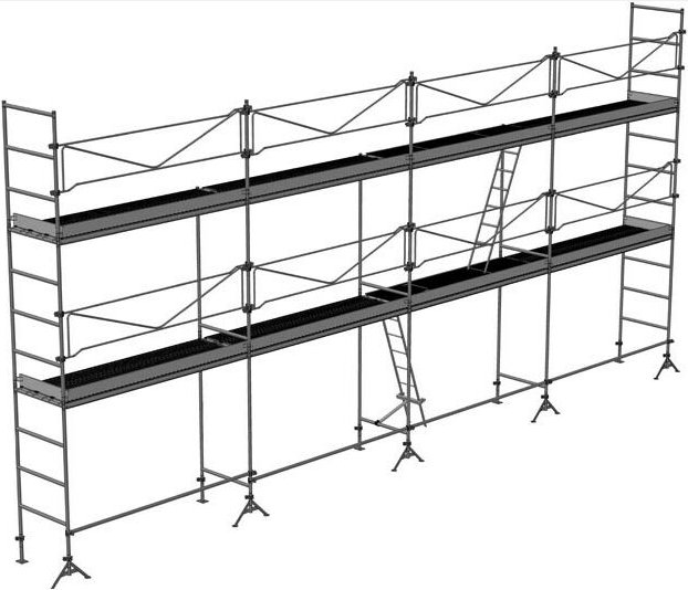 Baugerüst 78m²: Gerüststruktur allein, Arbeitsfläche (LxB): 13,00m x 6,00m, Höhe der höchsten Bühne: 4,00 m - DCM78-S