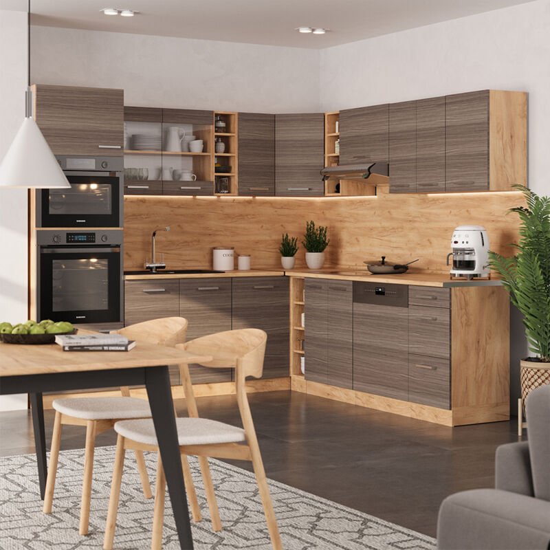 Vicco - Eckküche R-Line, Edelgrau/Goldkraft Eiche, 237 x 60 cm ohne Arbeitsplatte