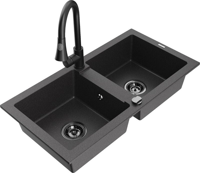 Mario 2-Becken-Granitspüle mit Mischbatterie Elia, Schwarz gesprenkelt - 6504-76-670101-70-B - Mexen
