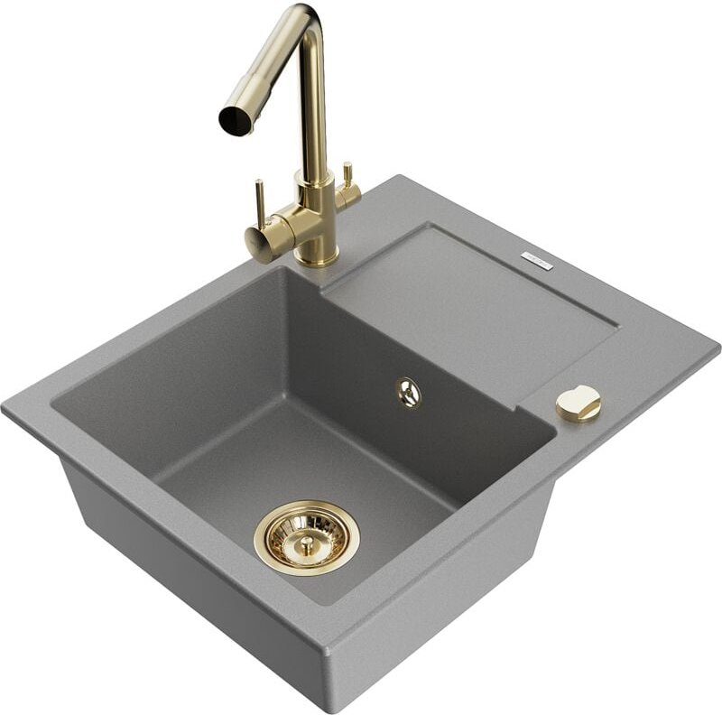 Enzo 1 Becken-Granitspüle mit Abtropffläche und Mischbatterie Duero, Grau - 6506-71-671600-50 - Mexen