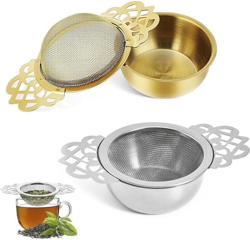Thumbnail - 2er-Pack kleines feinmaschiges Teesieb mit Schale, Tee-Ei aus Edelstahlgeflecht, silbernes Teesieb für losen Tee (Gold +...