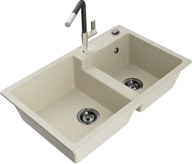 Tomas 2-Becken-Granitspüle mit Mischbatterie Flora, Beige - 6516-69-670401-07-B - Mexen