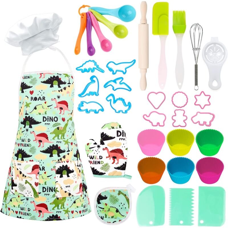 35-teiliges Kinder-Kochset, Koch- und Backset für Kinder, Dinosaurier-Schürze, Handschuhe, Schneebesen, Spielzeuggeschen...