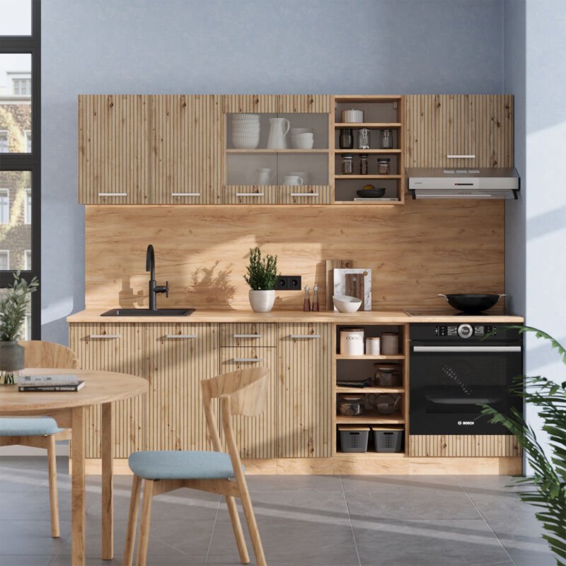 Vicco - Küchenzeile R-Line, Artisan-Eiche/Goldkraft Eiche, 240 cm , ap Anthrazit