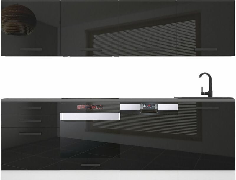 Küchenzeile Küchenblock Alice - Küchenmöbel 240 cm Einbauküche Vollausstattung ohne Elektrogeräten mit Hängeschränke und...