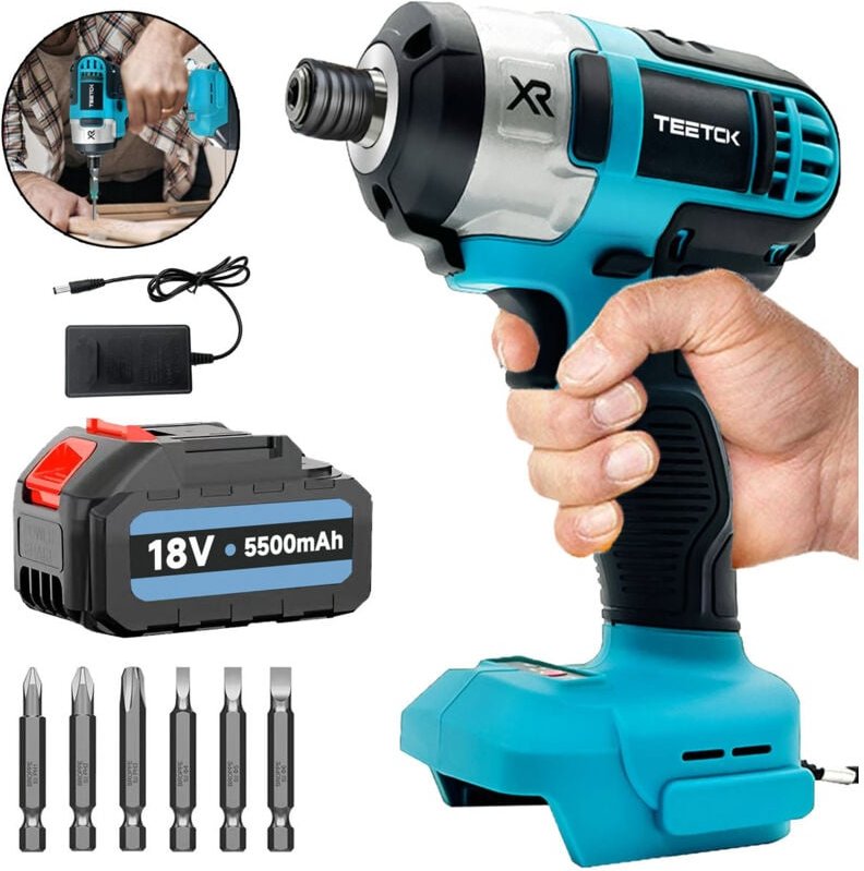 Schlagschrauber, 21V Akku-Schlagbohrmaschine, Elektroschrauber + 6 Bohrer + 5,5A Akku + Ladegerät, kompatibel mit Makita...