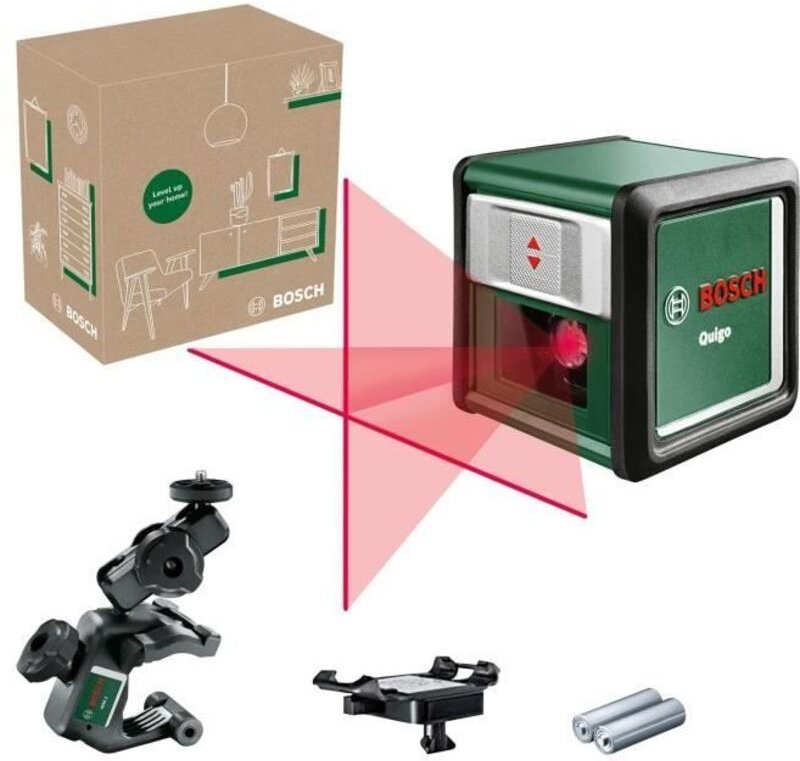 Bosch Kreuzlinienlaser Quigo mit Universalklemme MM 2 (einfaches und präzises Ausrichten mit flexibler Positionierung de...