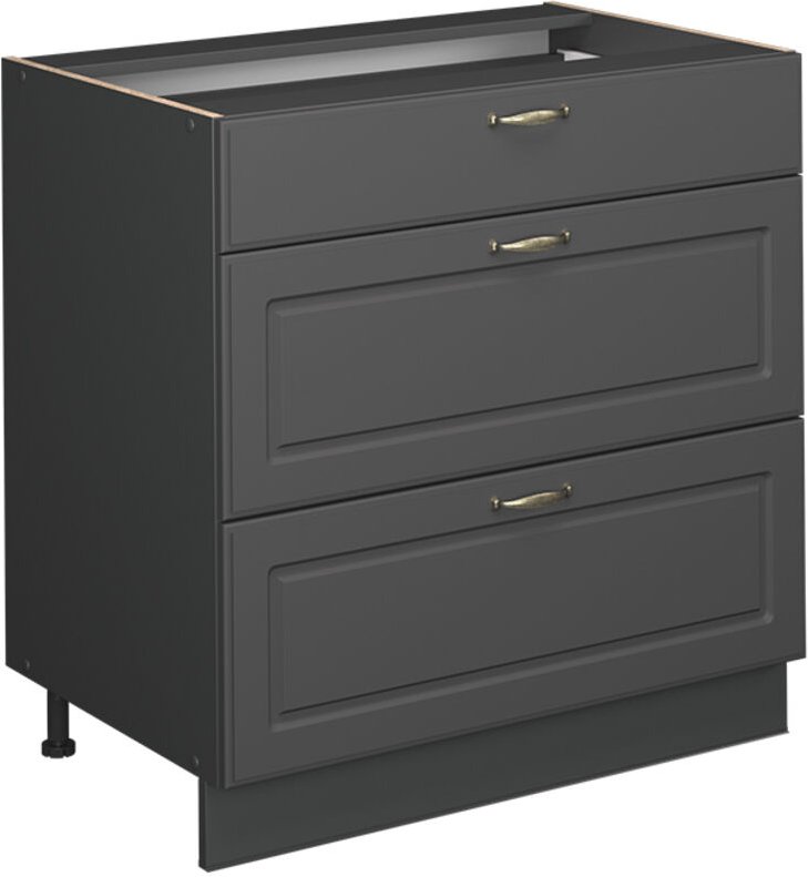 Küchenunterschrank Fame-Line, Anthrazit-Gold Landhaus, 80 cm mit 3 Schubladen, AP Eiche, Vicco