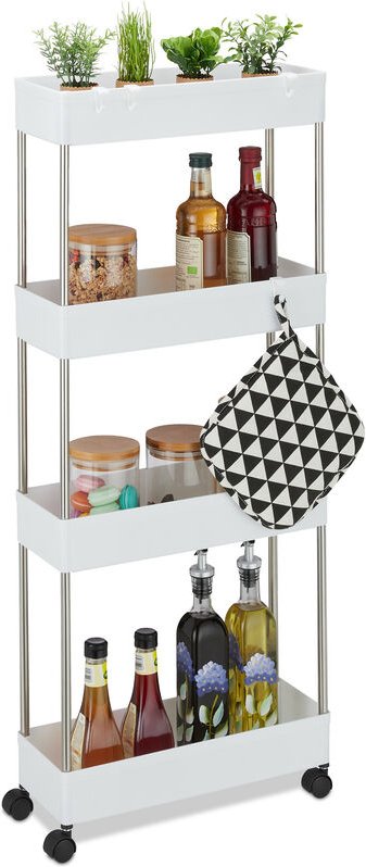 Nischenwagen, Kunststoff, hbt 98 x 15,5 x 40,5 cm, schmales Nischenregal Bad, Küche, 4 Haken & Fächer, weiß - Relaxdays