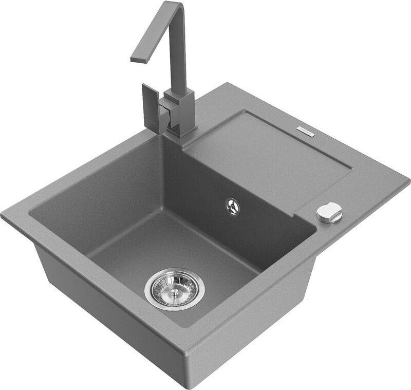 Enzo 1 Becken-Granitspüle mit Abtropffläche und Mischbatterie Rita, Grau - 6506-71-670300-71 - Mexen