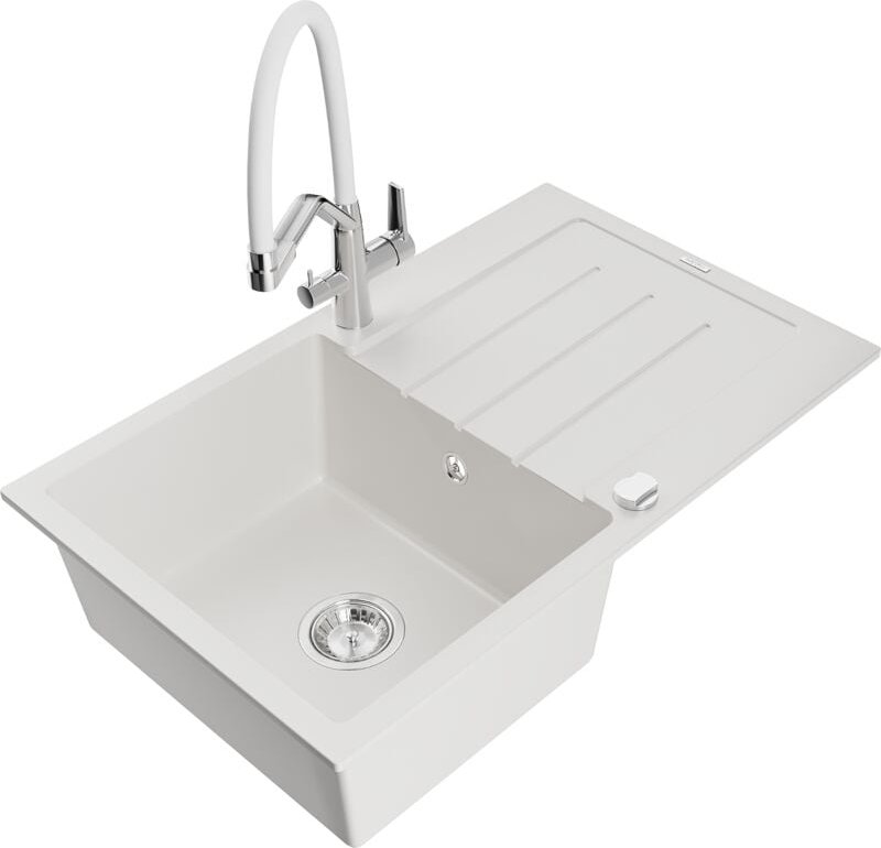 Bruno 1 Becken-Granitspüle mit Abtropffläche und Mischbatterie Duo, Weiß - 6513-20-671701-02 - Mexen