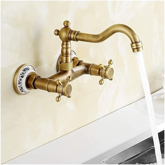 Küchenarmatur, Küchenarmatur zur Wandmontage, Vintage-Spültischarmatur mit Messingkeramik mit Kalt- und Warmwasser, anti...