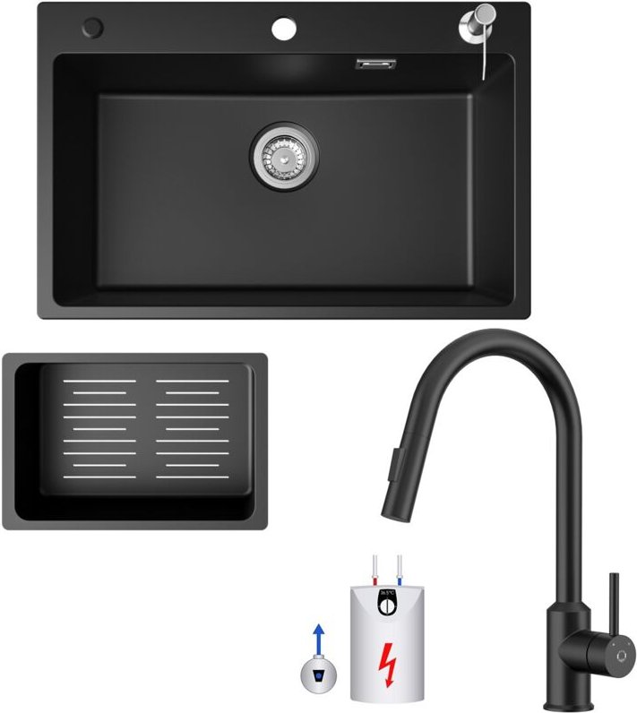 Cecipa Max - Küchenspüle 70x45cm Granitspüle Anthrazitschwarz Mit Seifenspender + Ausziehbarer Niederdruck-Küchenarmatur...