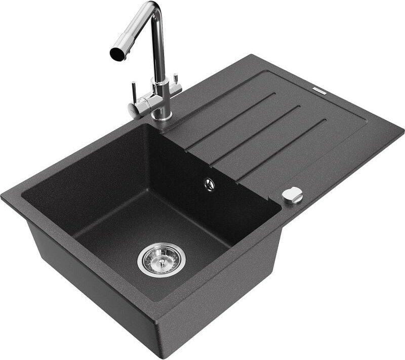 Bruno 1 Becken-Granitspüle mit Abtropffl√§che und Mischbatterie Duero, Schwarz gesprenkelt - 6513-76-671600-00 - Mexen