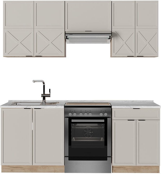 Küchenzeile Fame-Line, GrauBeige/Goldkraft Eiche, 200 cm , AP Marmor, Vicco